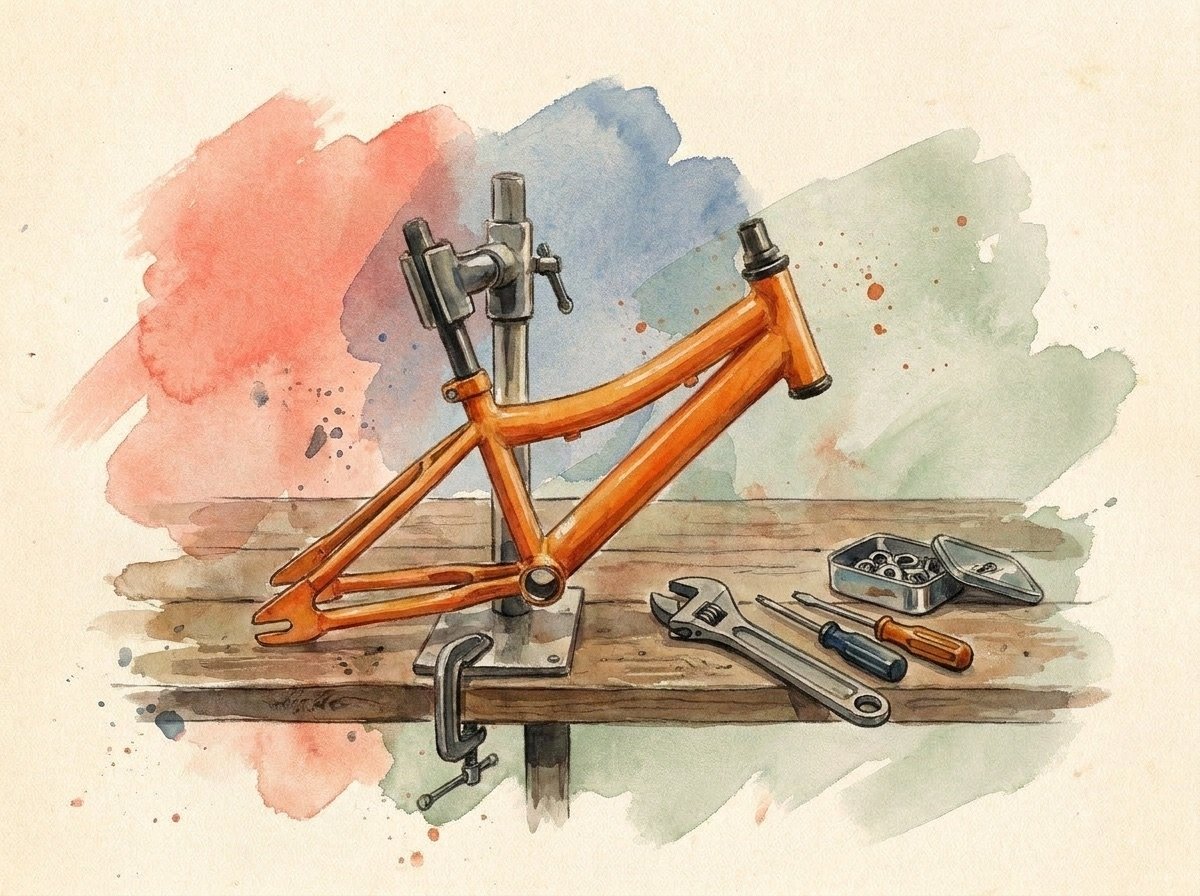 Watercolor: a Whimsy Classic frame held in a work stand beside neatly laid-out tools