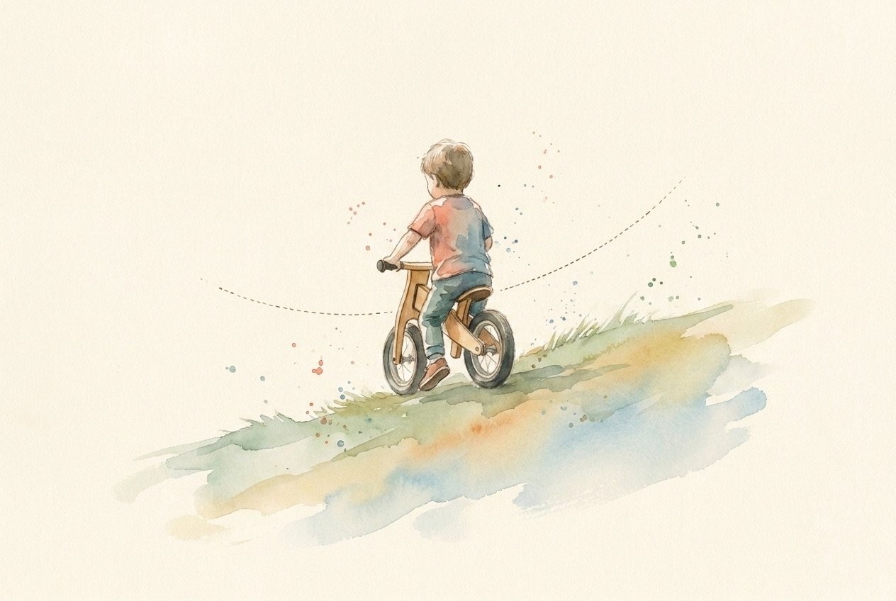 Watercolor: a child gliding downhill on a balance bike
