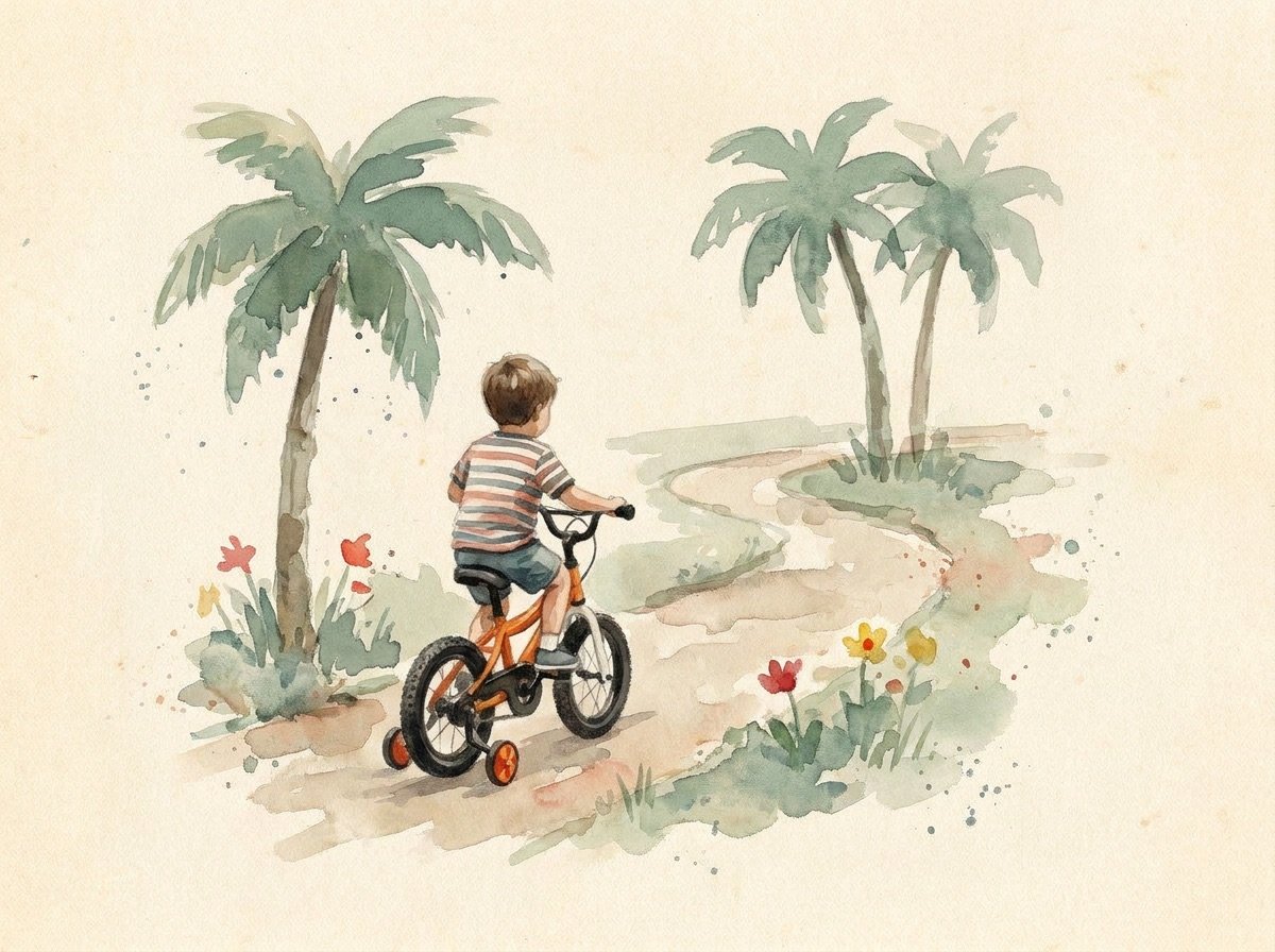 Watercolor: a child riding an orange Whimsy bike along a garden path
